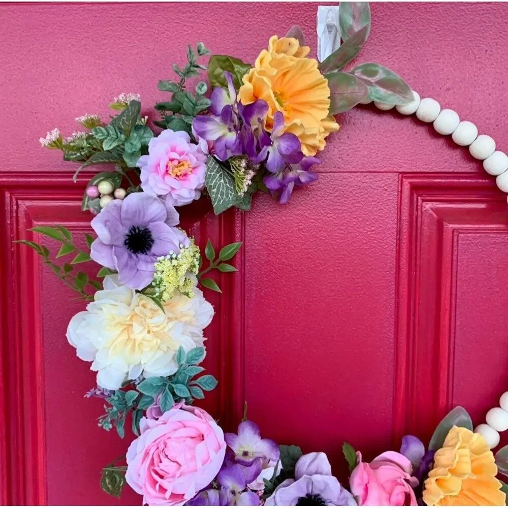 Floral Bead Hoop Wreath: Poppy, Anemone, Eucalyptus, Farmhouse Decor